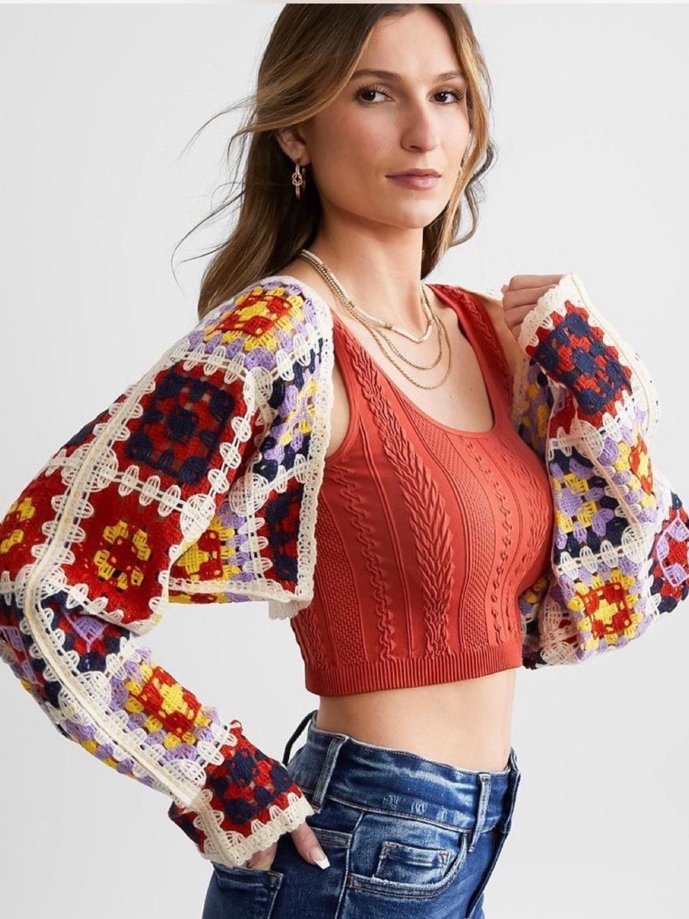 Boho Hippie Cottagecore Willow + Root Crochet Lace Floral Square Cardigan Shrug